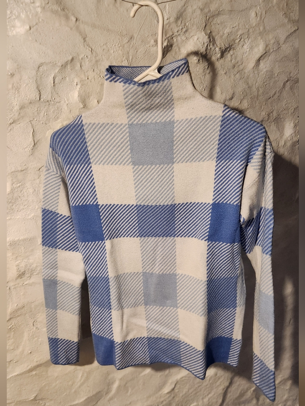 Tahari Blue White Plaid Mock Neck Sweater Knit Top Preppy Coastal Grandmother XS